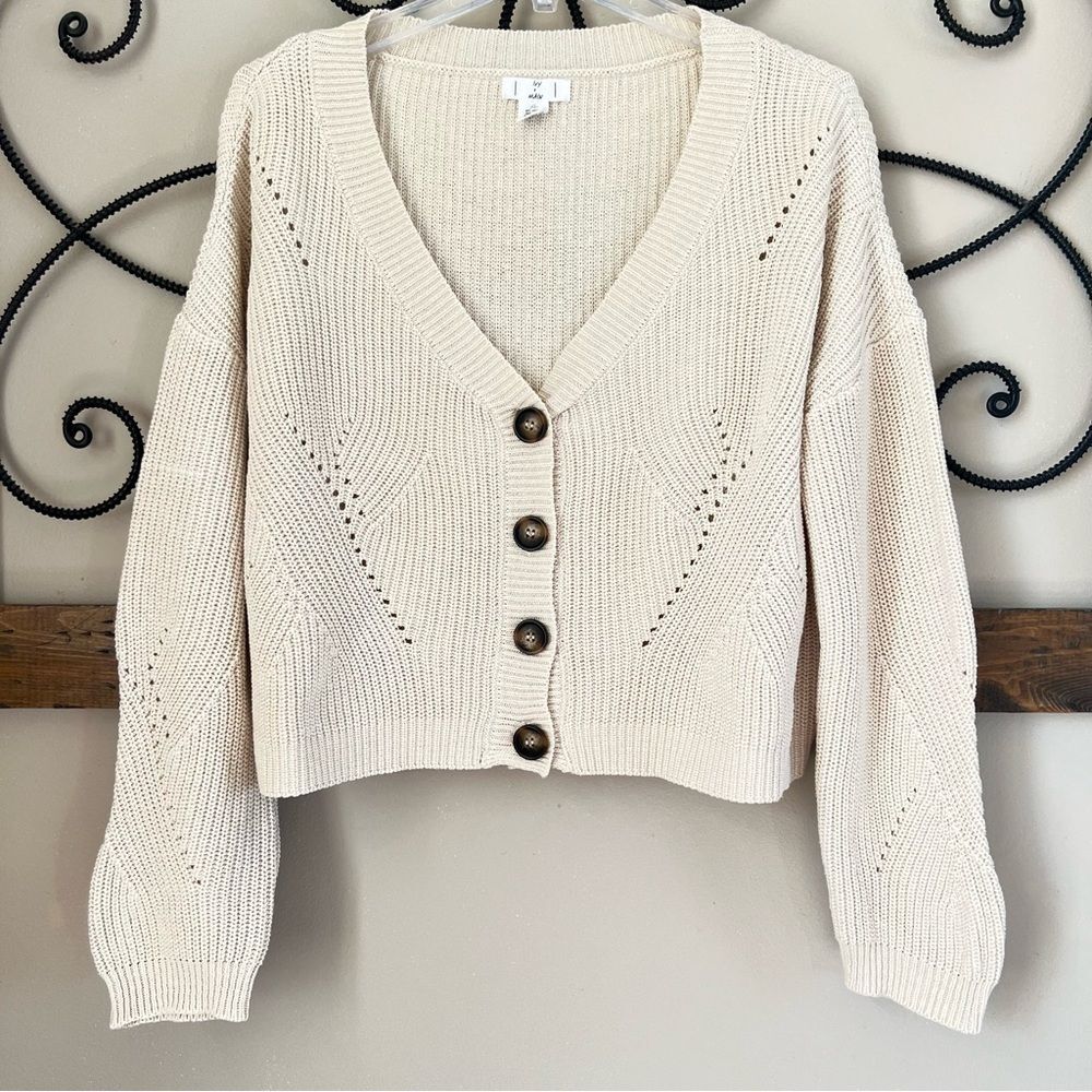 Ivy & Main Cream Pointelle Knit Cropped Cardigan Sweater Soft Girl Boho Chic XL - Picture 2 of 13